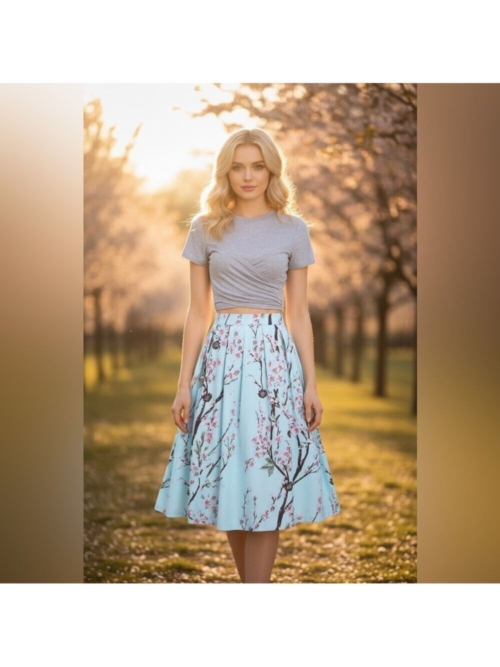 Camisa Gray Twist Front Bow Back Crewneck Top Blue Floral Midi Skirt XL - Picture 3 of 16